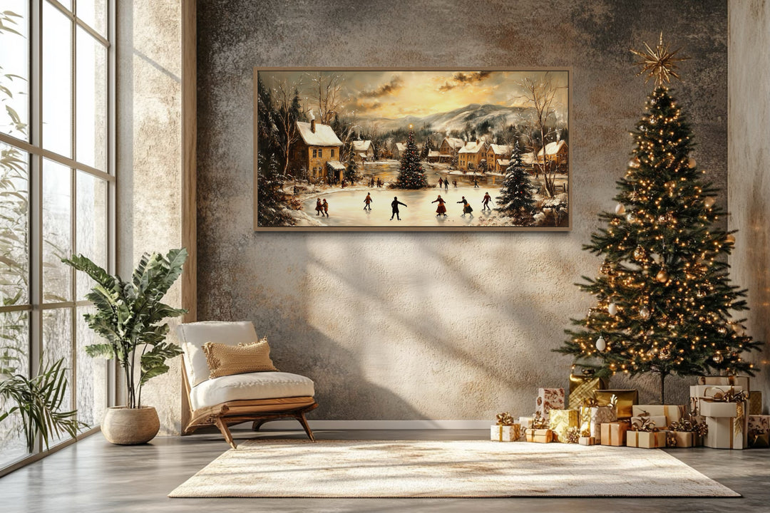 Christmas Village Skating Scene Framed Canvas Wall Art in christmas room