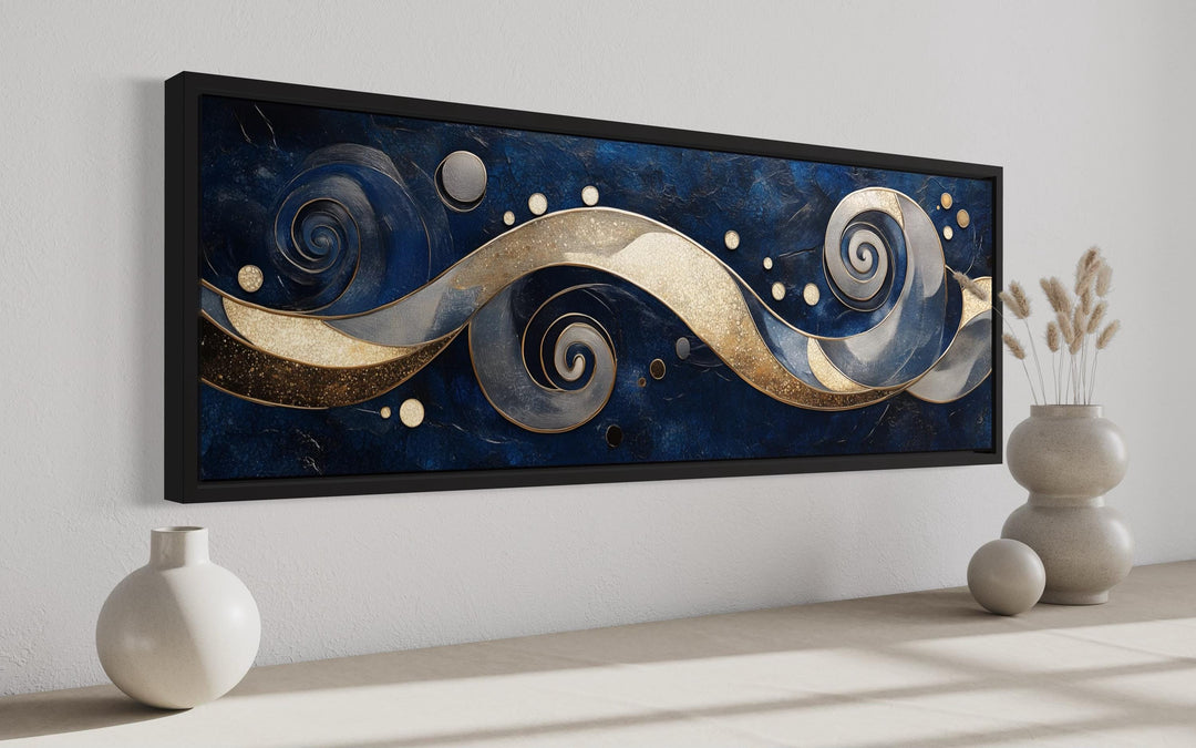 Navy and Gold Abstract Swirl Canvas Art - Elegant Galaxy-Inspired Horizontal Print for Modern Living Room Decor
