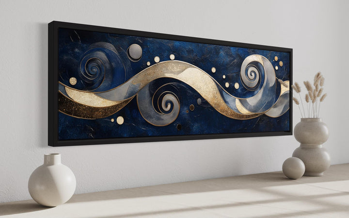 Navy and Gold Abstract Swirl Canvas Art - Elegant Galaxy-Inspired Horizontal Print for Modern Living Room Decor