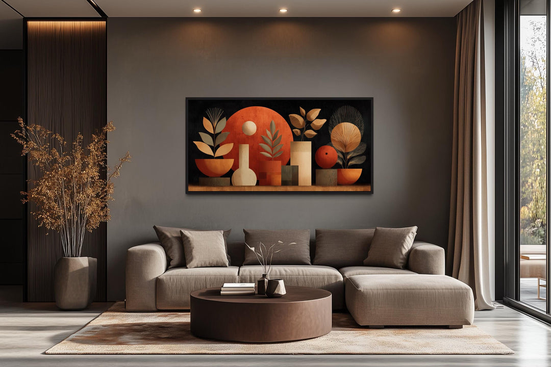 Boho Terracotta Wall Art - Abstract Canvas Print with Vases and Leaves for Neutral Decor
