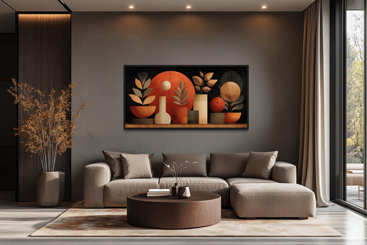 Boho Terracotta Wall Art - Abstract Canvas Print with Vases and Leaves for Neutral Decor