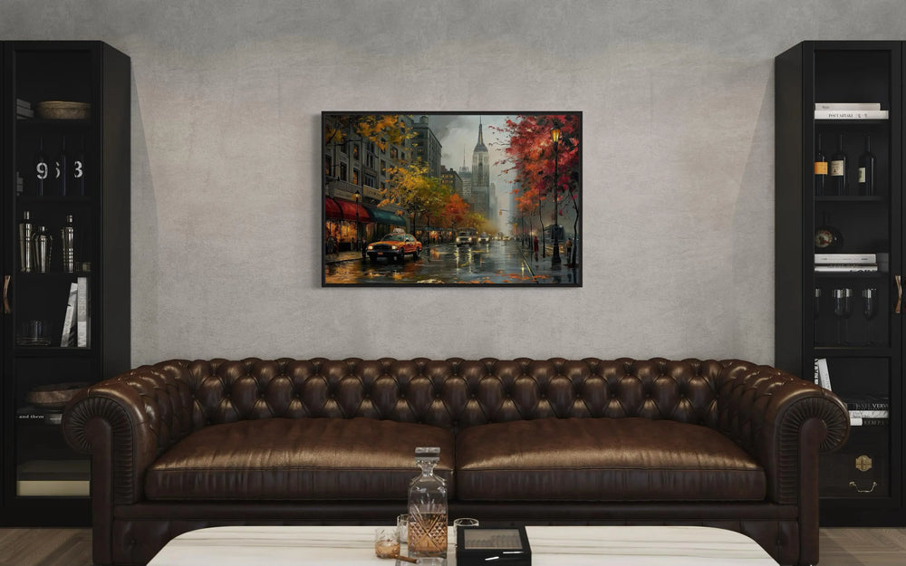 Rainy New York City Street Framed Canvas Wall Art in a living room with a leather couch