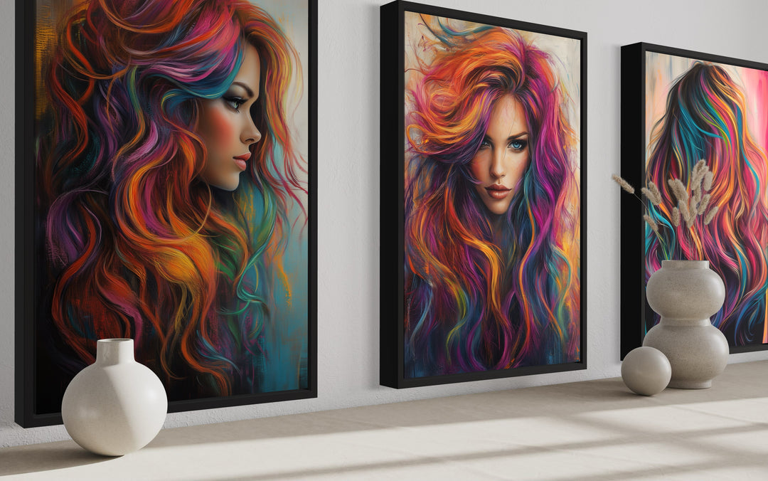 Hair Salon 3 Piece Framed Canvas Wall Art - Rainbow Colored Woman Painting Print side viee