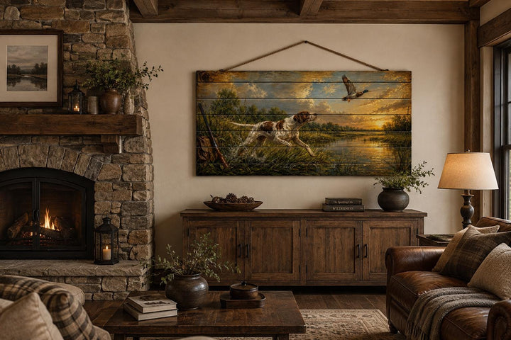 Hunting dog chasing a duck at sunset on distressed wood wall art in a rustic cabin living room.