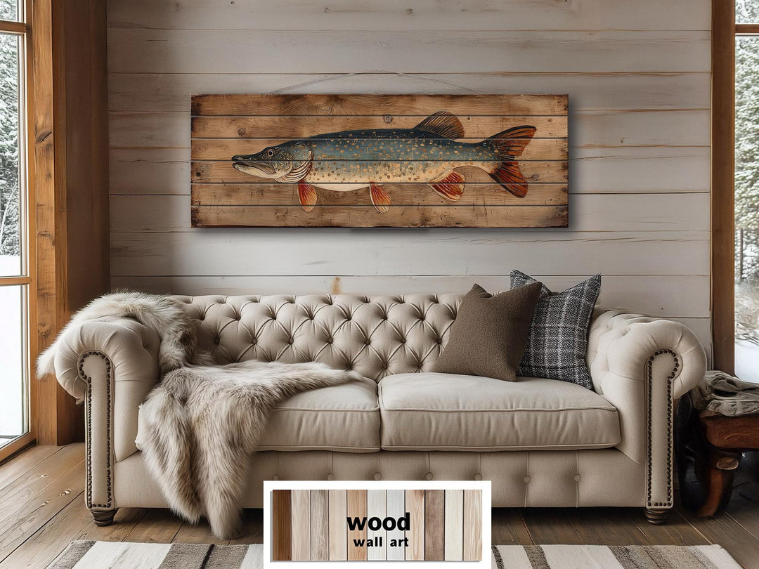 Northern Pike Distressed Wood Wall Art, Rustic Fishing Cabin Print On Wood Planks, Long Horizontal Lakehouse Angler Wall Decor