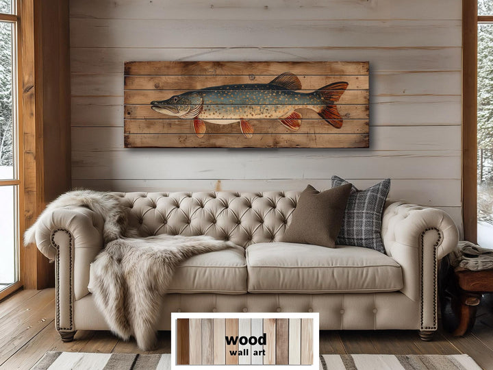 Northern Pike Distressed Wood Wall Art, Rustic Fishing Cabin Print On Wood Planks, Long Horizontal Lakehouse Angler Wall Decor