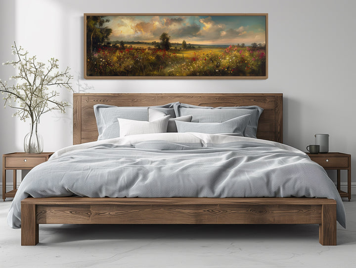 Vintage Wildflowers Field Landscape at Sunset Panoramic Canvas Wall Art a bedroom with a wooden bed