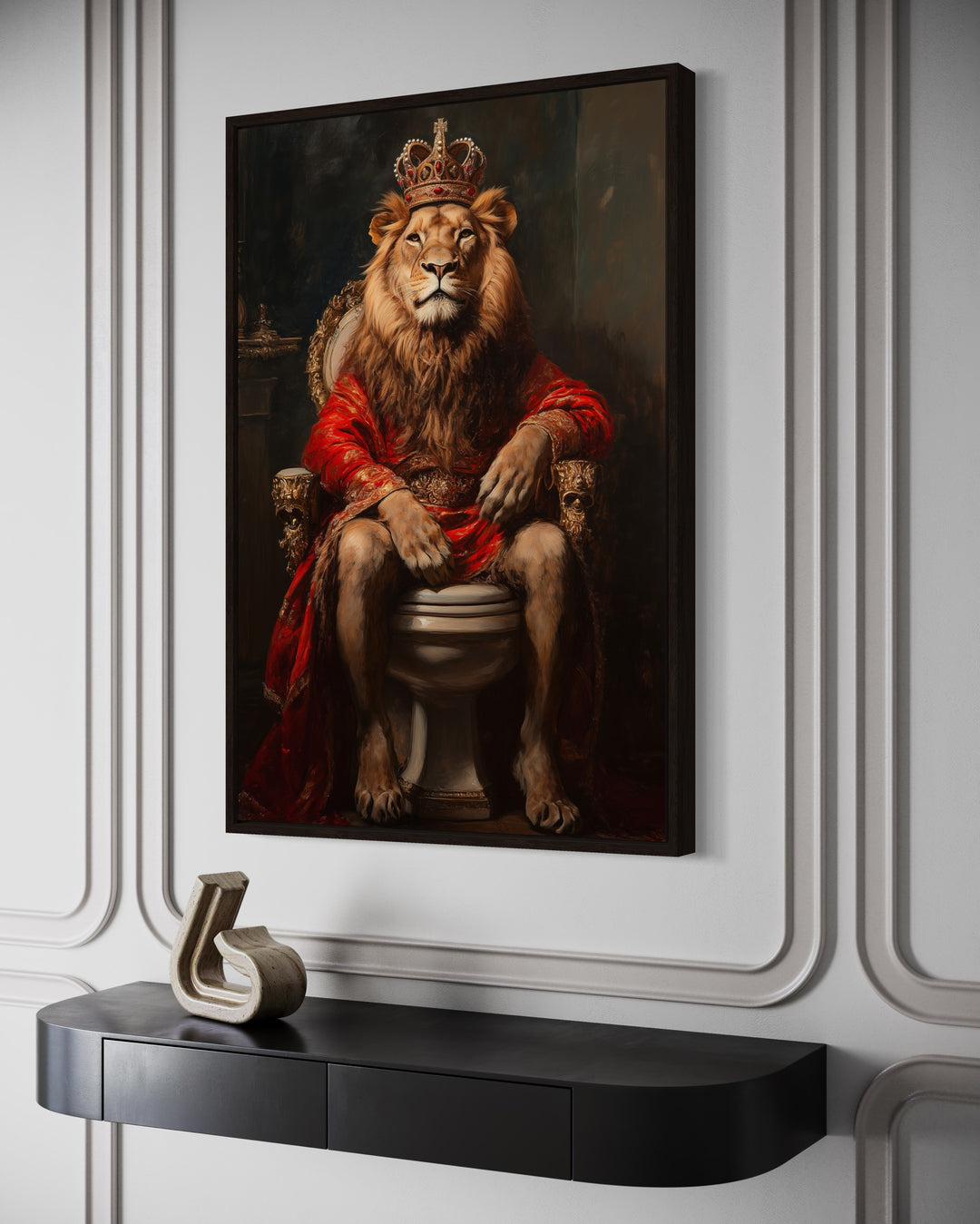 Royal Lion With Crown Sitting on Toilet Framed Canvas Wall Art side view