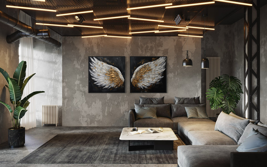 2 Piece White Gold Angel Wings On Black Background Framed Canvas Wall Art in a living room filled with furniture