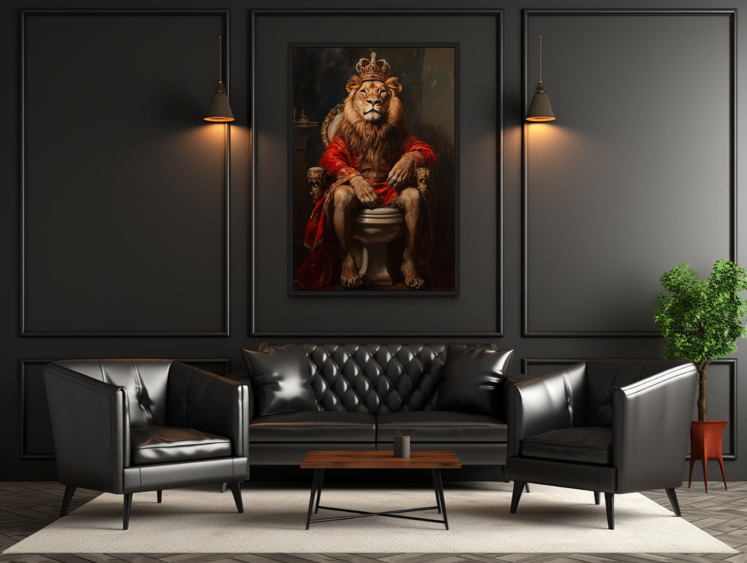 Royal Lion With Crown Sitting on Toilet Framed Canvas Wall Art in man cave