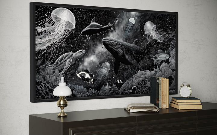 Black and White Underwater Ocean Scene Canvas Wall Art – Whale, Jellyfish, Sea Turtle, Coral Reef