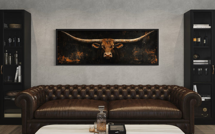 ong Horizontal Texas Longhorn Bull Head on Black Rustic Canvas Wall Art