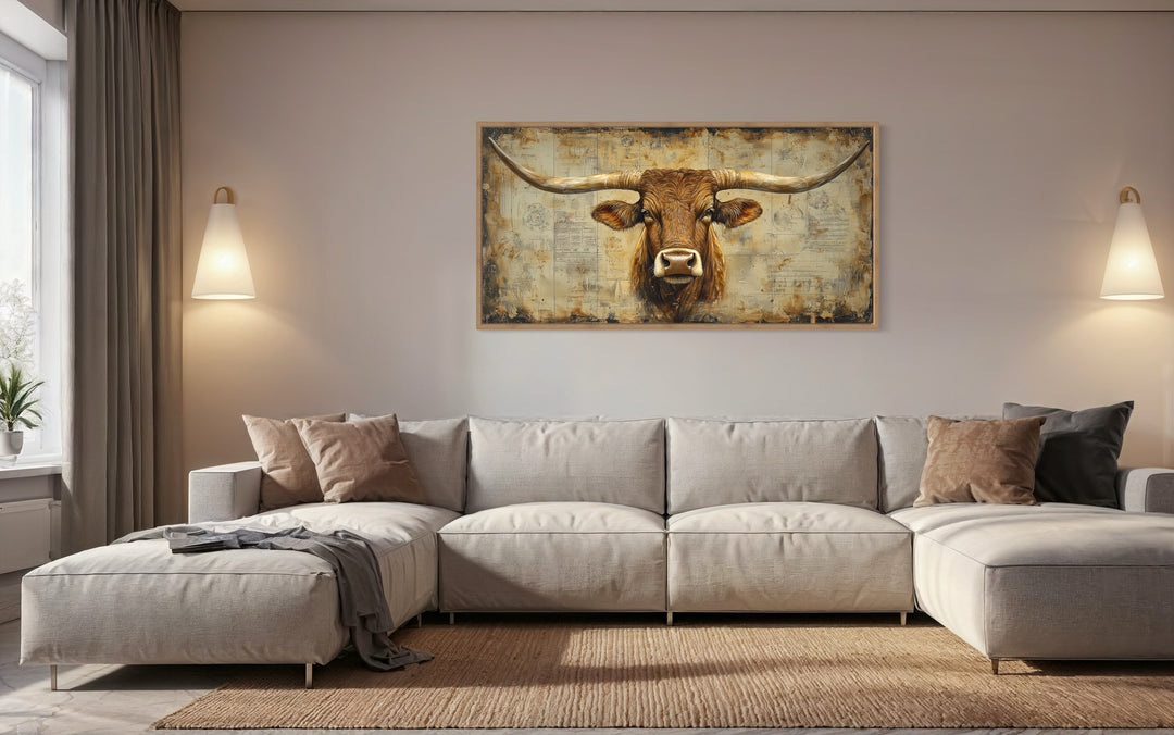 Brown Texas Longhorn Cow Head With Huge Horns On Beige Background Framed Canvas Wall Art in beige living room