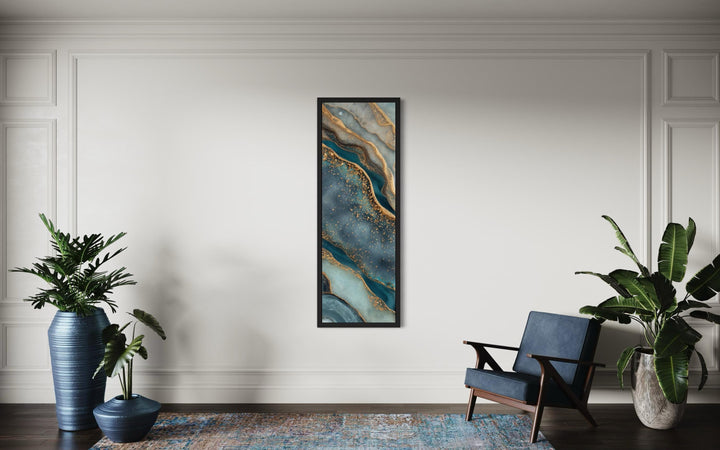Tall Narrow Vertical Marble Inspired Abstract Teal Blue Gold Canvas Print