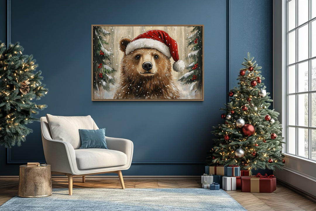 Christmas Bear In Santa's Hat Framed Canvas Wall Art in christmas room