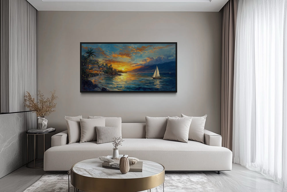 a living room with a white couch and a painting on the wall