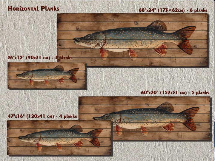 Northern Pike Distressed Wood Wall Art, Rustic Fishing Cabin Print On Wood Planks, Long Horizontal Lakehouse Angler Wall Decor