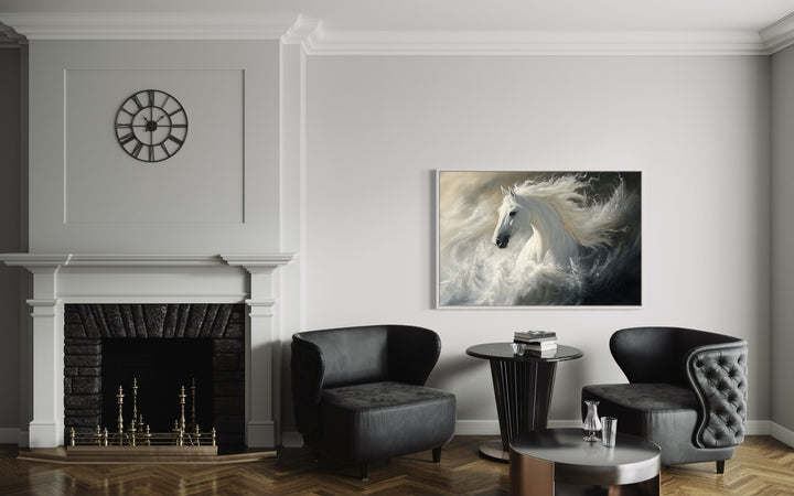 White Horse Abstract In Ocean Waves Framed Canvas Wall Art in a living room with two chairs and a fireplace