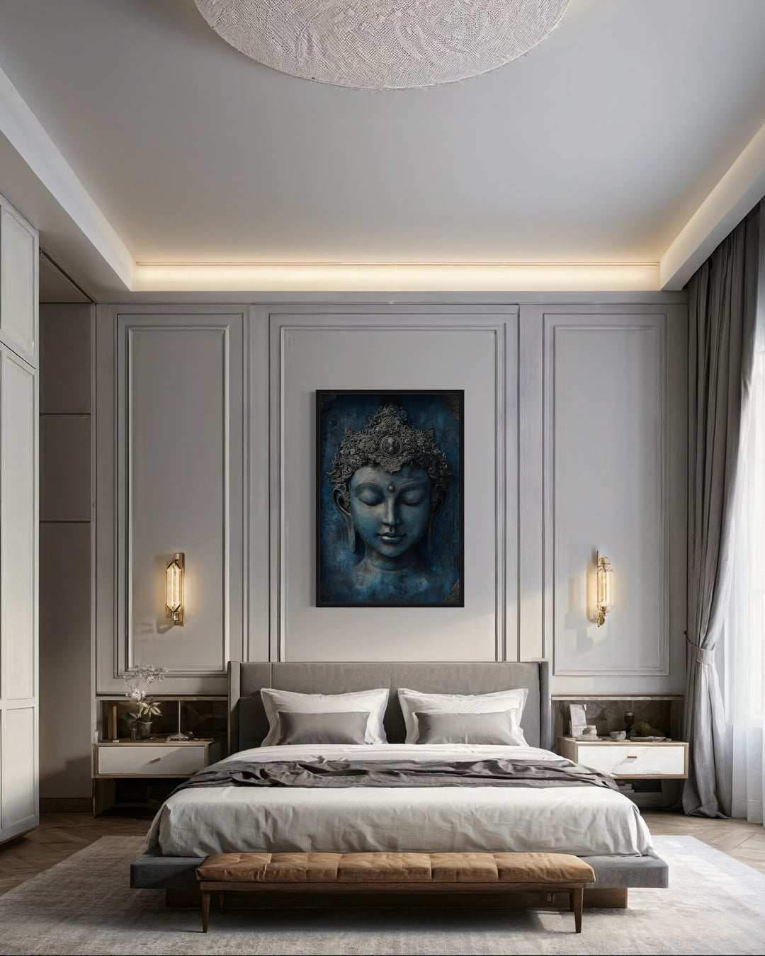 Serene Blue Buddha Painting Framed Canvas Wall Art in zen bedroom