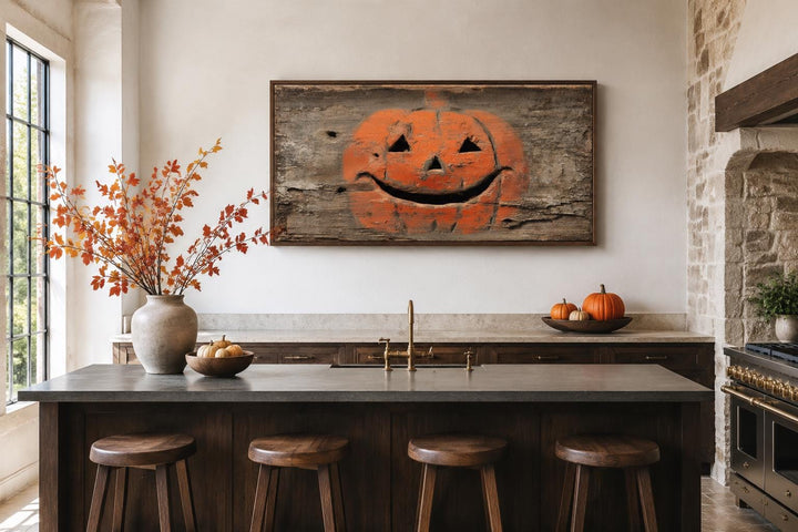 Primitive pumpkin canvas wall art on weathered wood background in a rustic farmhouse kitchen.