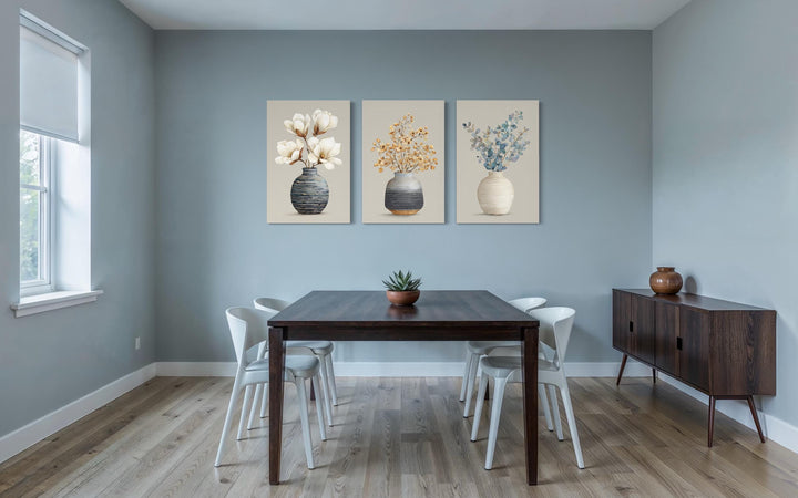 Dining Room Wall Art – Neutral Floral Canvas Set | Modern Minimalist Botanical Prints