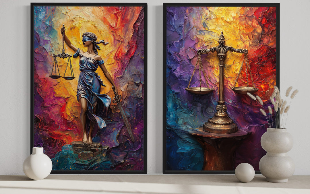 Lady Justice And Scales Of Justice Colorful Set Of 2 Law Firm Canvas Wall Art close up