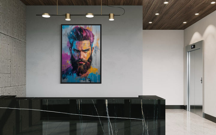 Man With Colorful Hair And Beard Framed Canvas Wall Art in barbershop