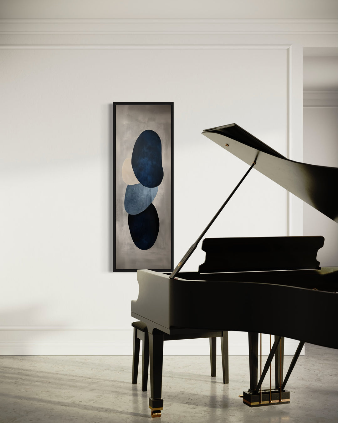 Navy Blue Grey Beige Shapes Vertical Narrow Canvas Wall Art in music room with piano