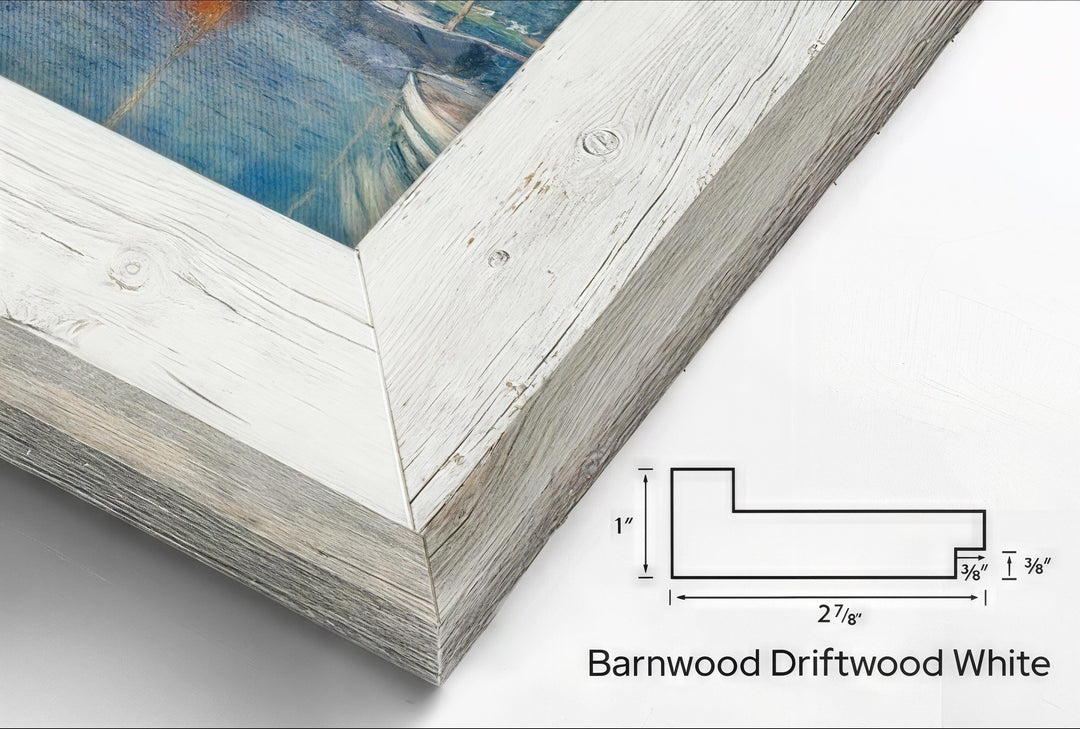 a close-up of a white wooden frame with a wooden texture, and there is a diagram of the frame&#39;s dimensions and a label indicating it is Barnwood Driftwood White.
