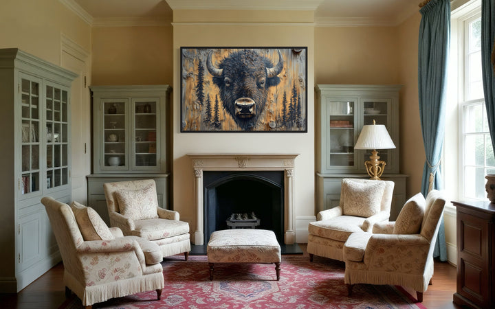 American Buffalo Portrait On Wood Rustic Framed Canvas Wall Art in a living room filled with furniture and a fire place