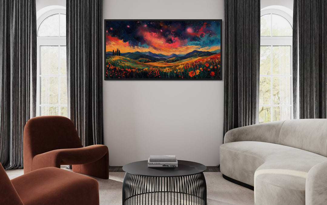 Starry Night Sky Over Wildflower Fields and Mountains Framed Canvas Wall Art in living room