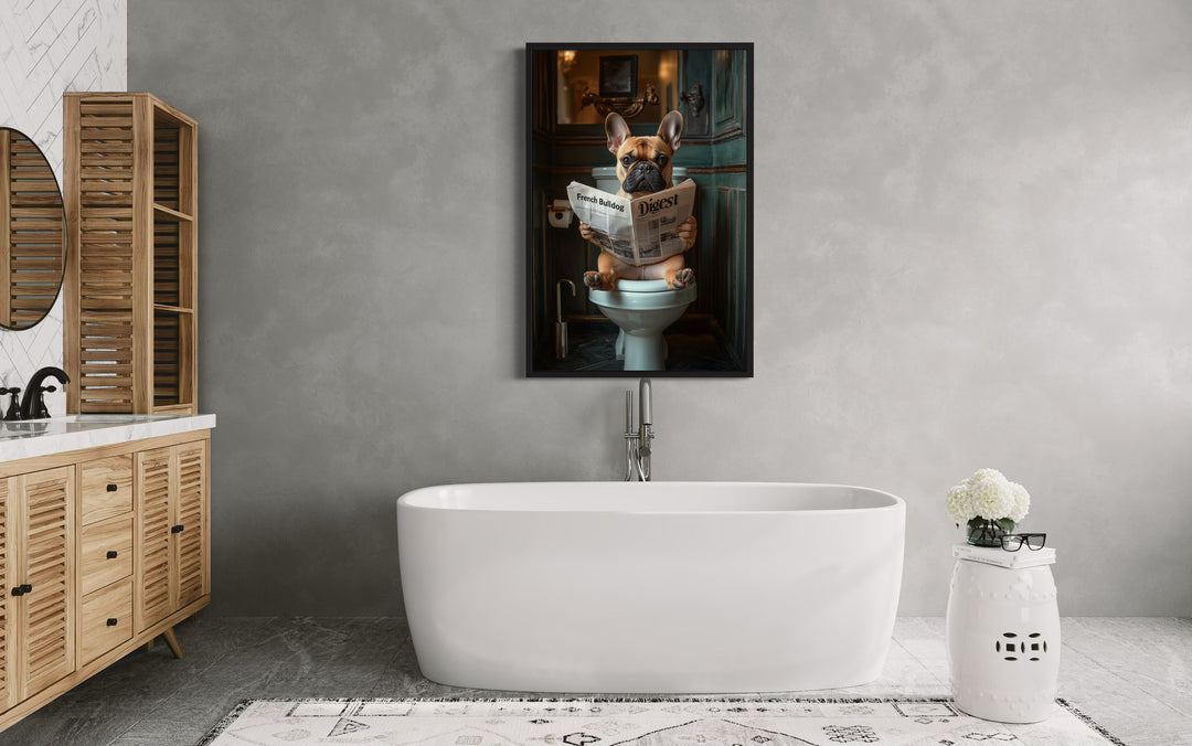 Fawn French Bulldog On The Toilet Reading Newspaper wall art in the bathroom