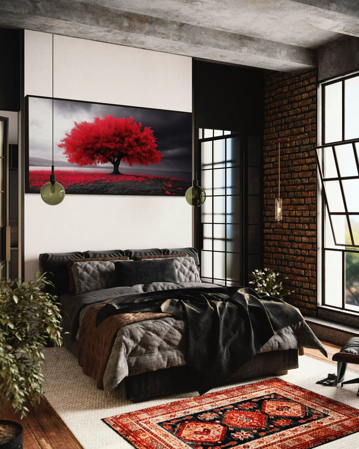 Red Tree on Black White Background Framed Canvas Wall Art above bed