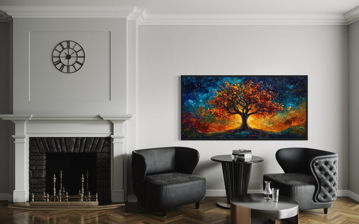 Colorful Yggdrasil Tree Of Life Framed Canvas Wall Art in a living room with two chairs