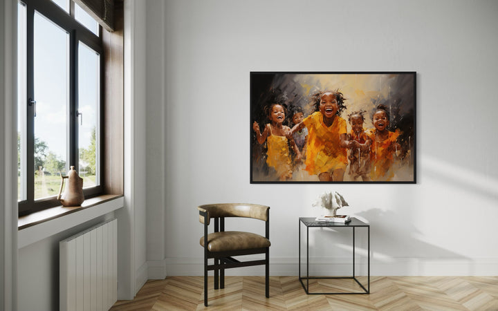 Happy African Kids Playing Framed Canvas Wall Art in living room