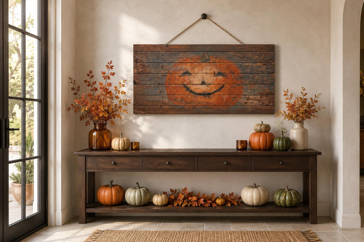 Primitive pumpkin face on distressed wood planks with a rope hanger for rustic farmhouse fall decor.