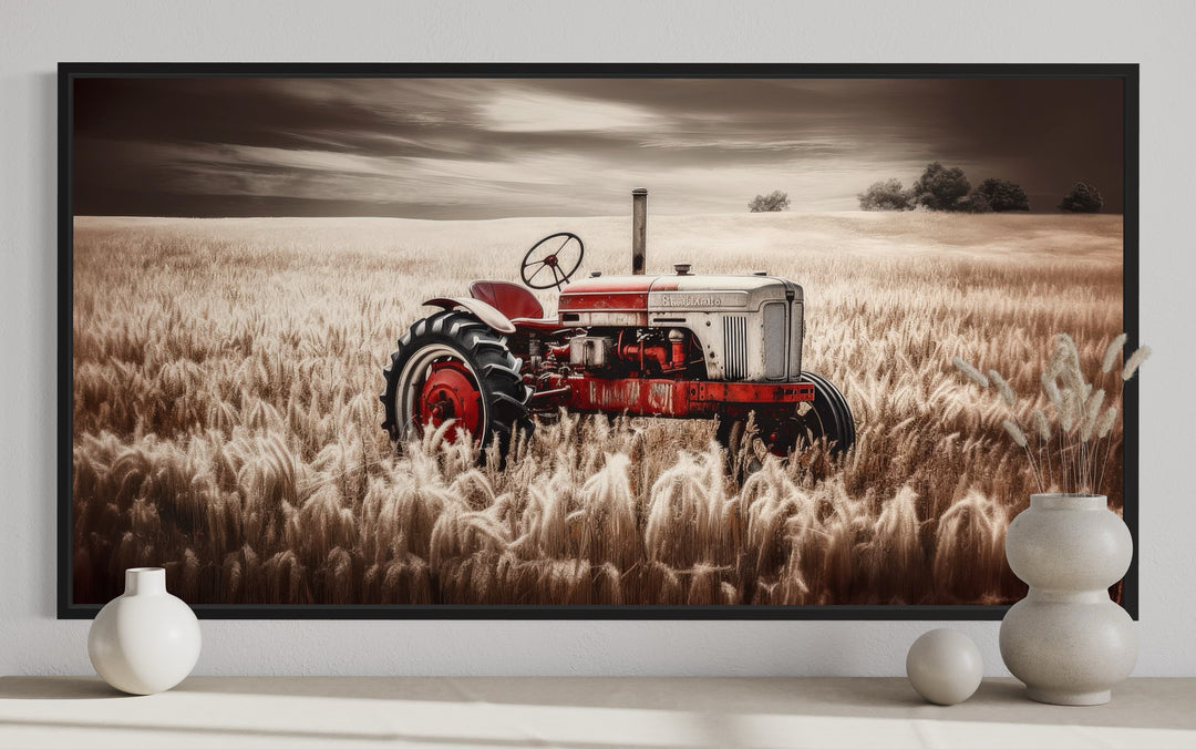 Red Tractor In The Wheat Field Rustic Farmhouse Wall Decor close up