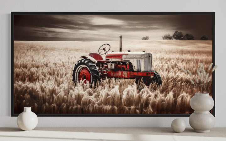 Red Tractor In The Wheat Field Rustic Farmhouse Wall Decor close up