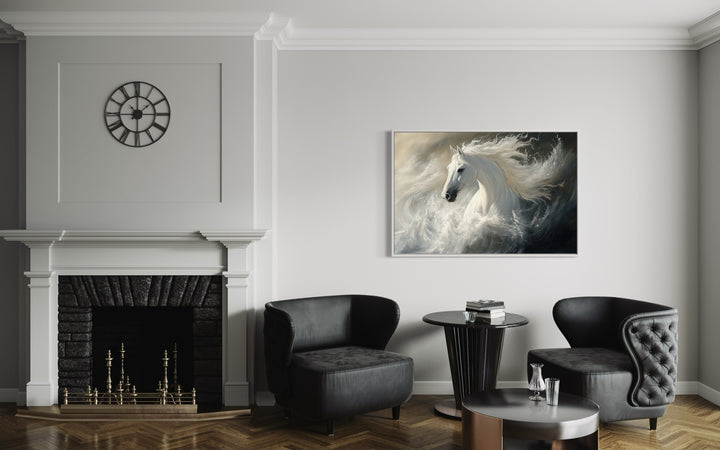 Beautiful White Stallion Framed Canvas Wall Art in a living room with two chairs and a fireplace