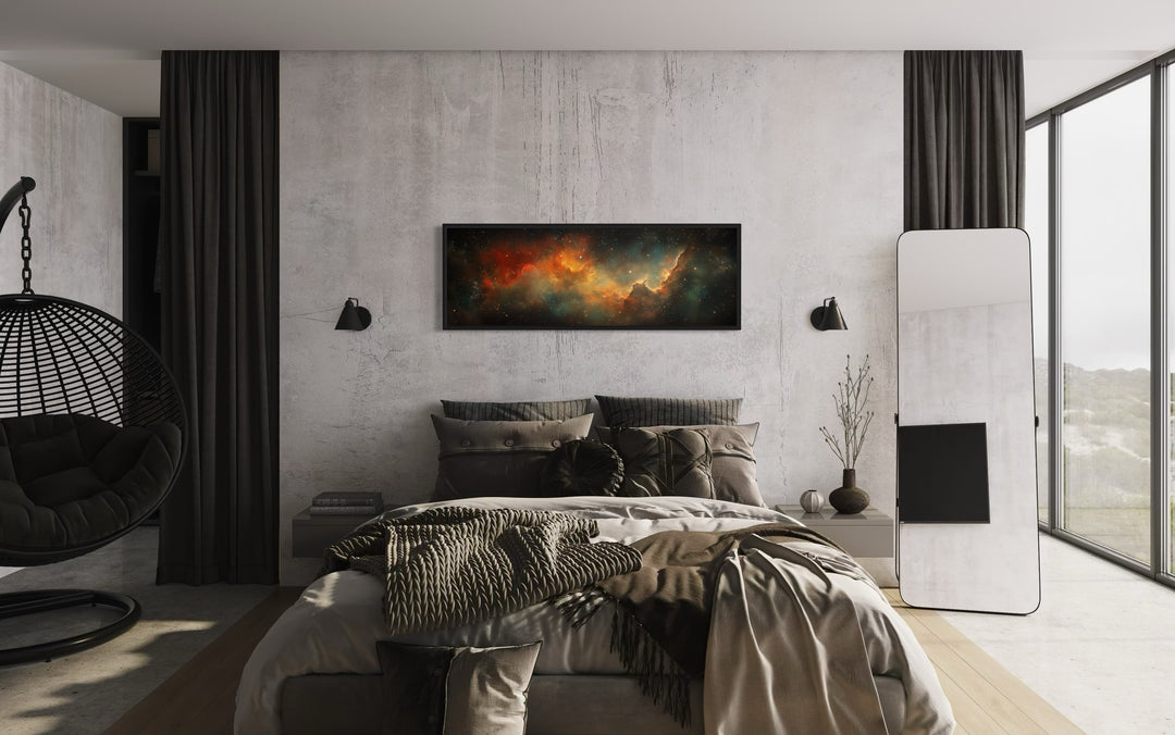 Galaxy Universe Long Narrow Canvas Wall Art above manly bed