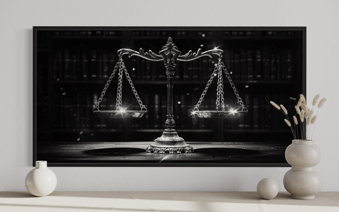 Black White Scales Of Justice Lawyer Framed Canvas Wall Art close up