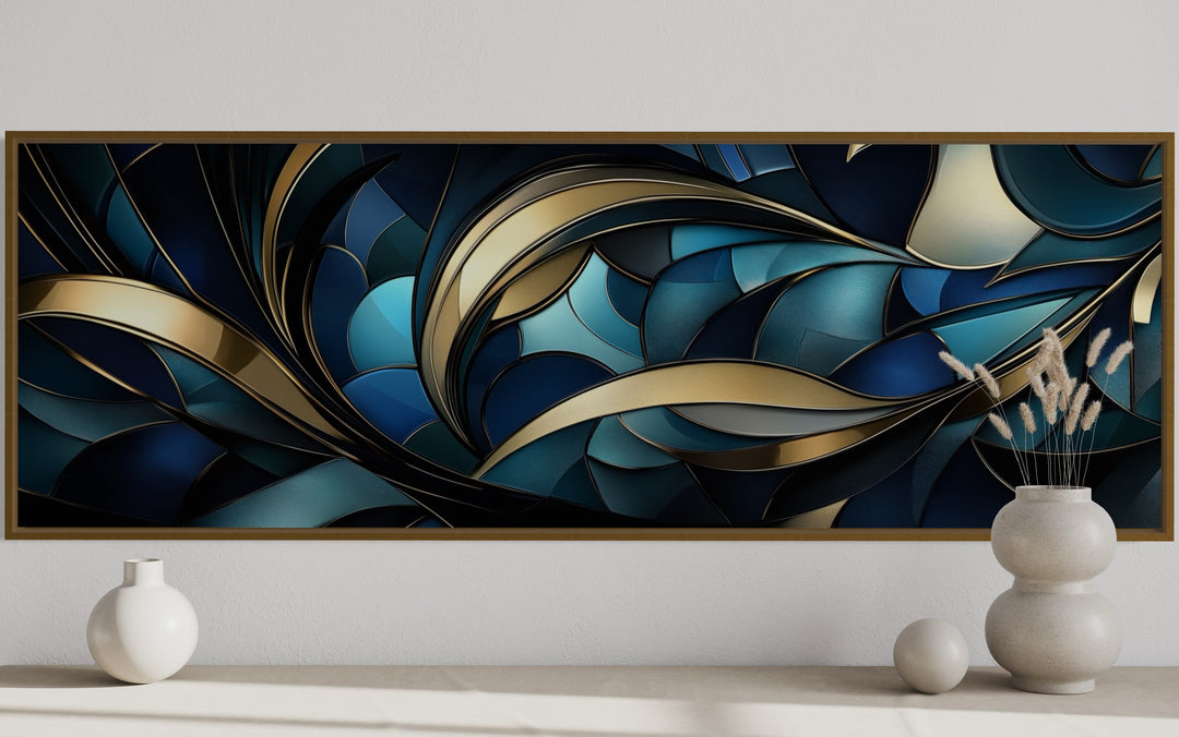 Art Decor Long Horizontal Blue Gold Framed Canvas Wall Art close up