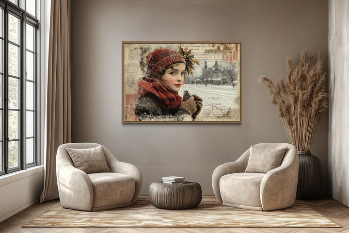 Christmas Girl Vintage Postcard Style Framed Canvas Wall Art
