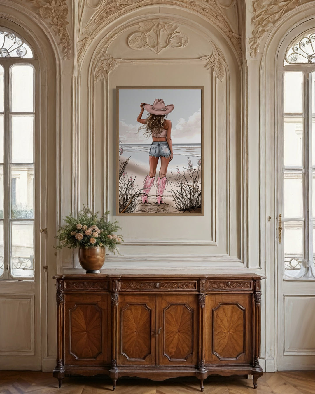 Coastal Cowgirl In Pink Boots And Hat On The Beach Framed Canvas Wall Art above dresser