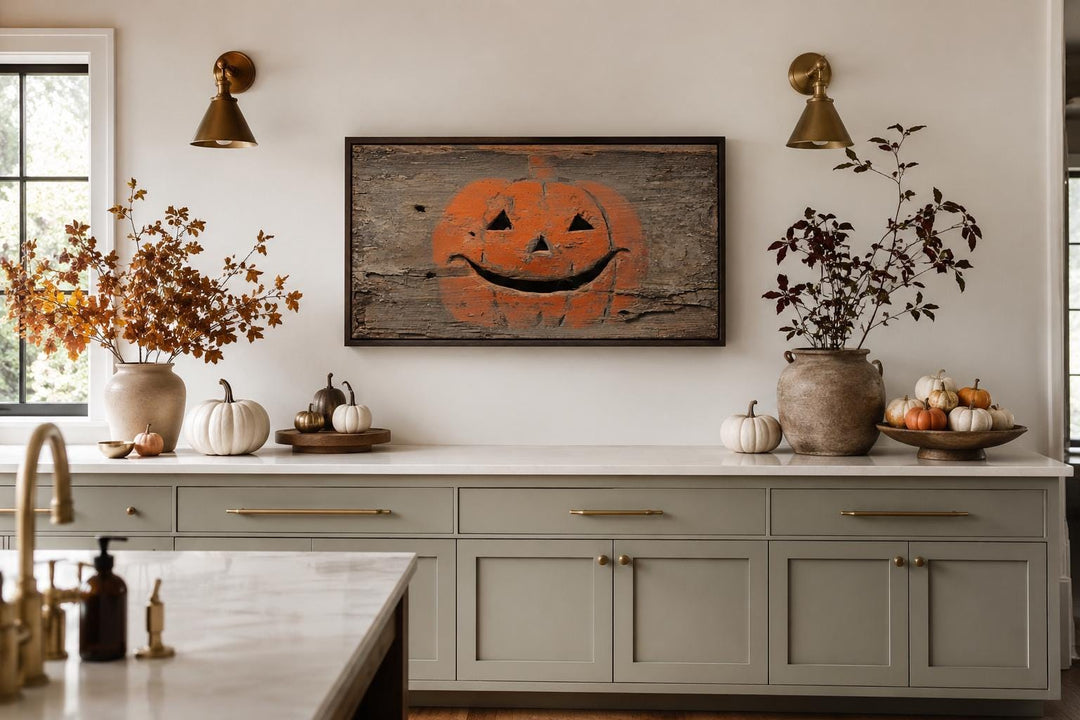 Primitive pumpkin on weathered wood background canvas wall art in a farmhouse kitchen setting.