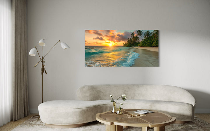 Tropical Beach At Sunset Framed Canvas Wall Art above white couch