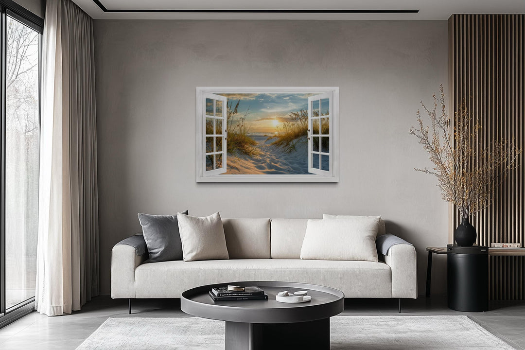 Fake Open Window View Beach Sunset Canvas Wall Art With Dunes and Beach Grass