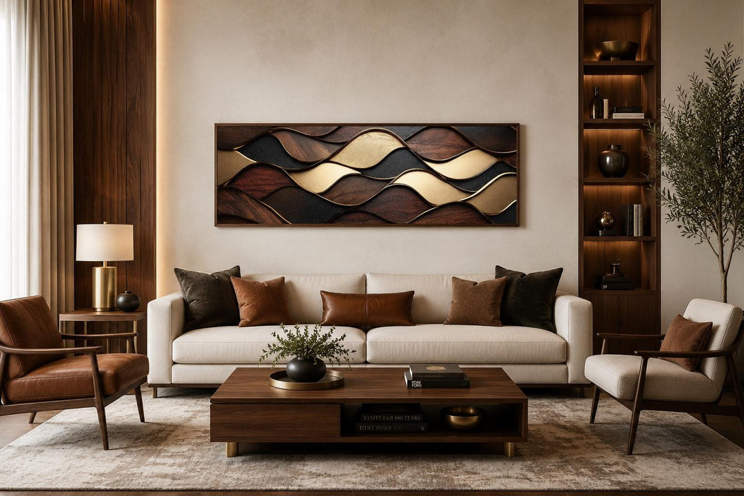 Long horizontal abstract wood texture canvas with brown and gold rippling wave patterns.
