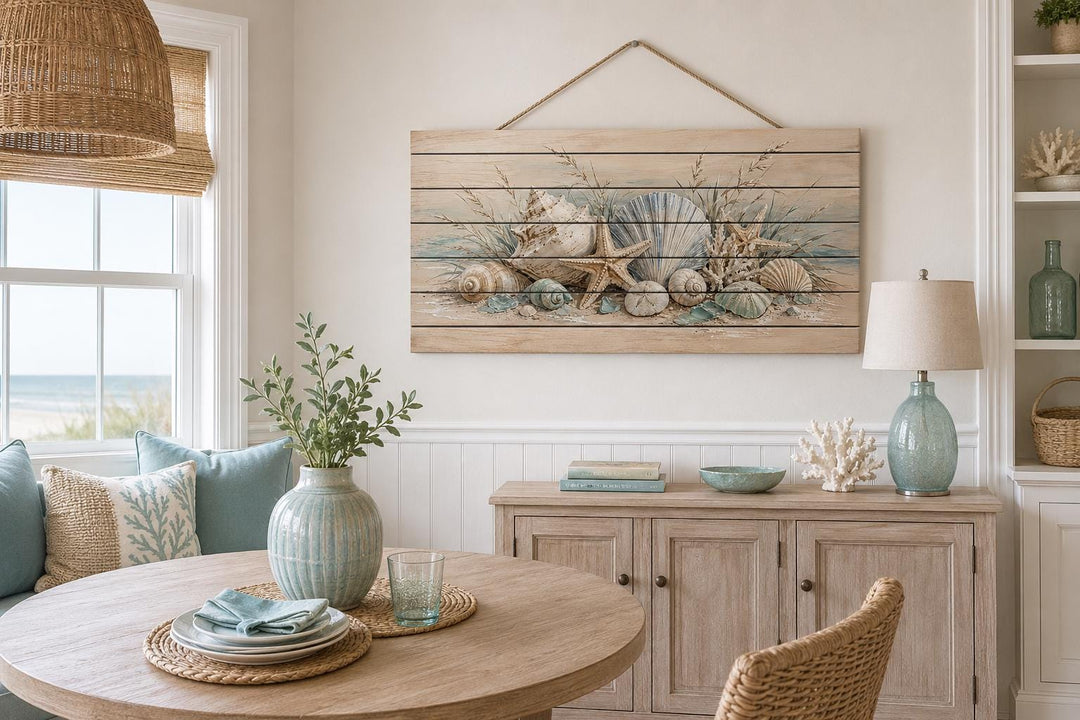 Seashells and starfish watercolor print on distressed wood planks with a rope hanger.