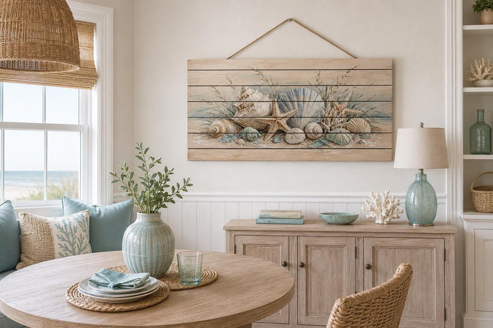 Seashells and starfish watercolor print on distressed wood planks with a rope hanger.